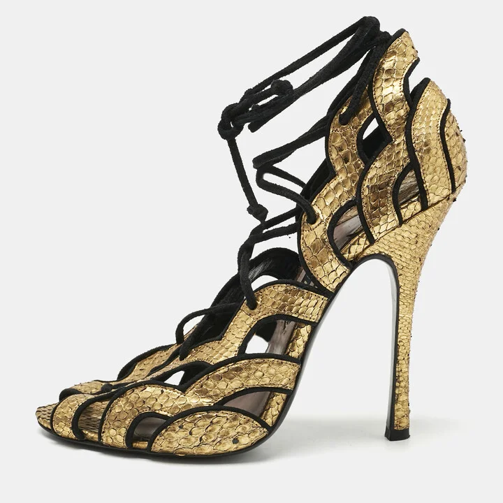 Tom Ford Black/Gold Faux Snakeskin Leather Cutout Lace Up Sandals Size 39.5