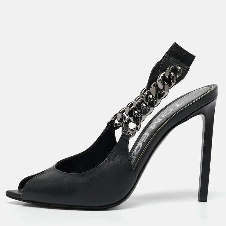 Tom Ford Black Leather Chain Linked Slingback Peep Toe Pumps Size 36.5