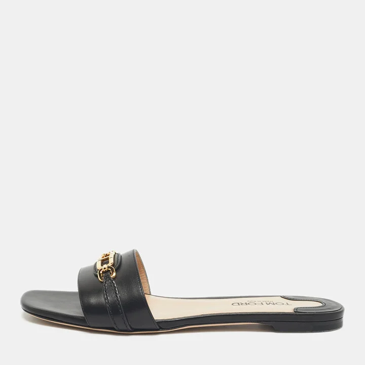 Tom Ford Black Leather Embellished Flat Slides Size 39