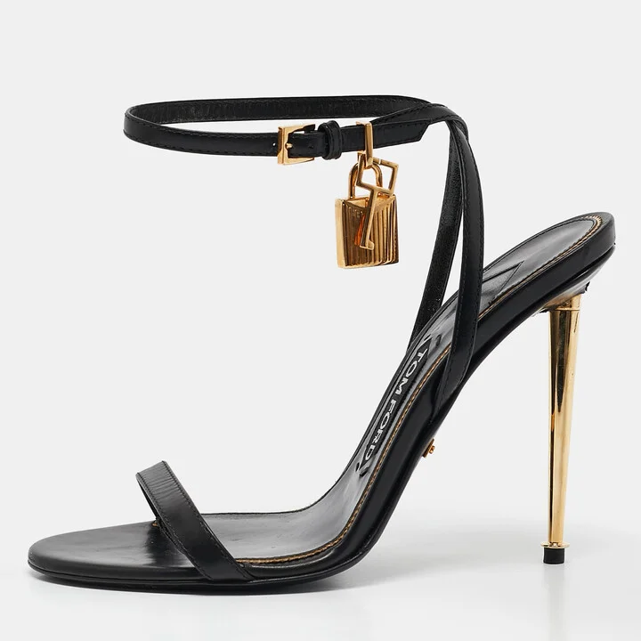 Tom Ford Black Leather Padlock Ankle Strap Sandals Size 37.5