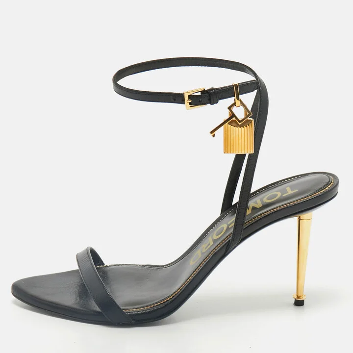 Tom Ford Black Leather Padlock Ankle Strap Sandals Size 39