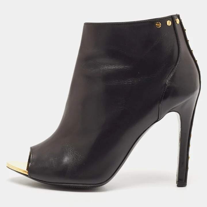 Tom Ford Black Leather Studded Peep Toe Booties Size 37.5