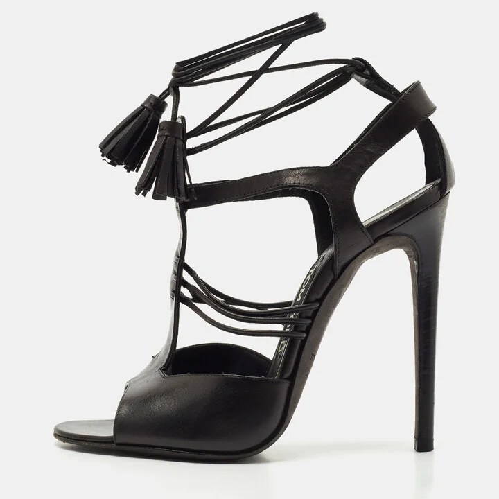Tom Ford Black Paneled Leather Ankle Strap Sandals Size 37.5