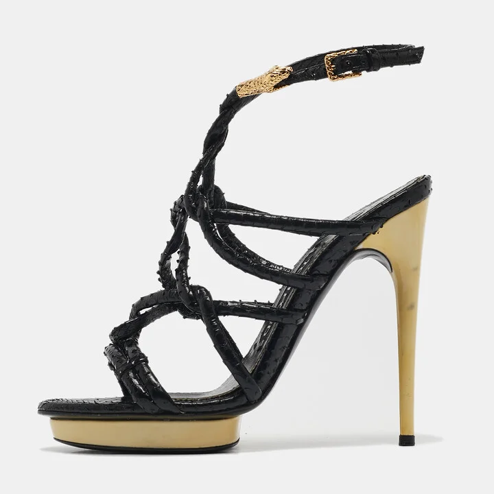 Tom Ford Black Python Leather Strappy Sandals Size 37.5