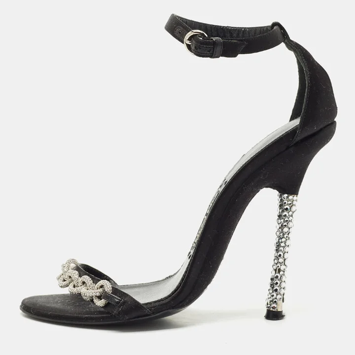 Tom Ford Black Satin Crystal Embellished Heel Ankle Strap Sandals Size 37
