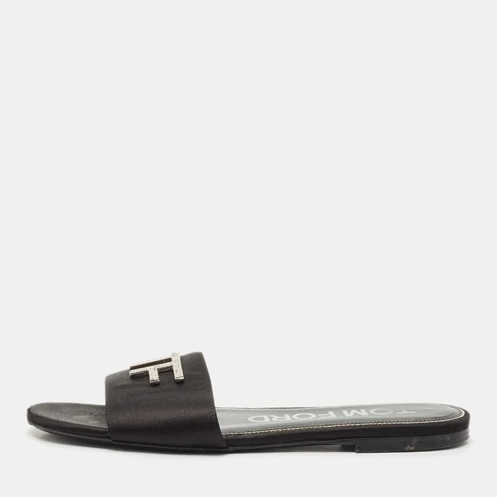 Tom Ford Black Satin TF Flat Slides Size 38