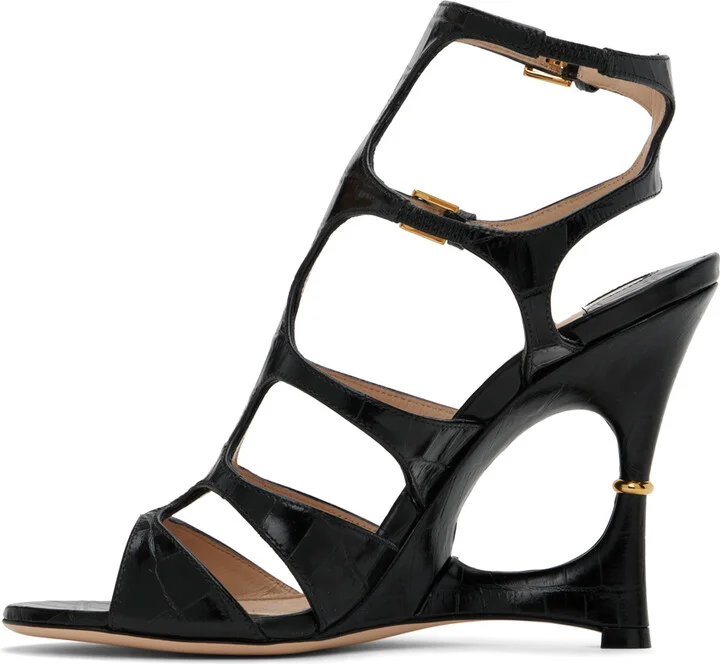TOM FORD Black Shiny Stamped Crocodile Heeled Sandals - Image 3