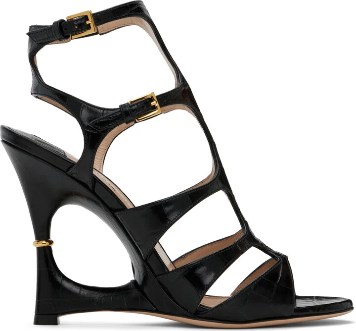 TOM FORD Black Shiny Stamped Crocodile Heeled Sandals