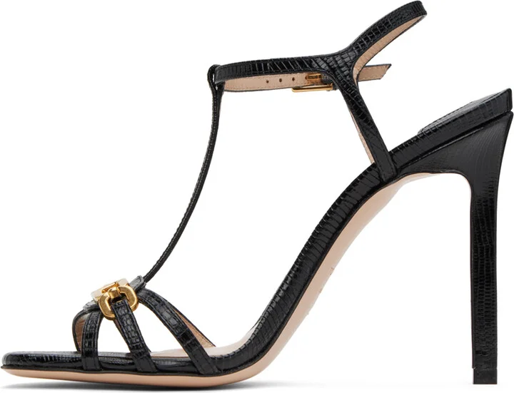 TOM FORD Black Stamped Lizard Heeled Sandals - Image 3