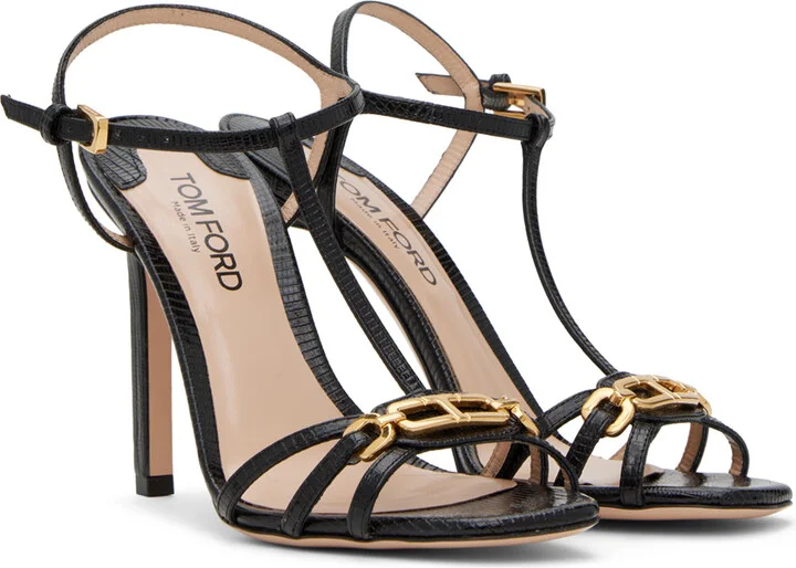 TOM FORD Black Stamped Lizard Heeled Sandals - Image 4