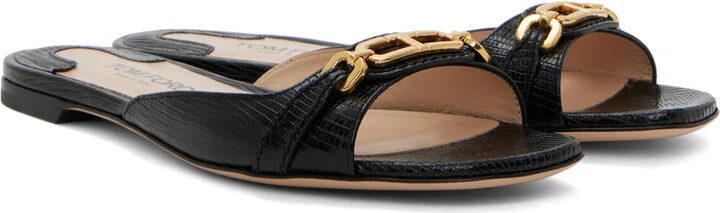 TOM FORD Black Stamped Lizard Leather Slides - Image 4