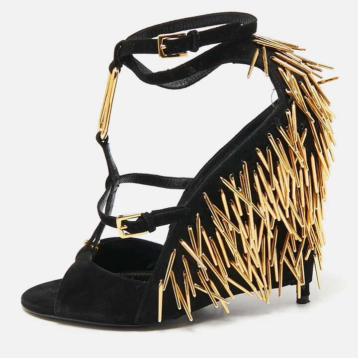 Tom Ford Black Suede Embellished Ankle Wrap Wedge Sandals Size 37