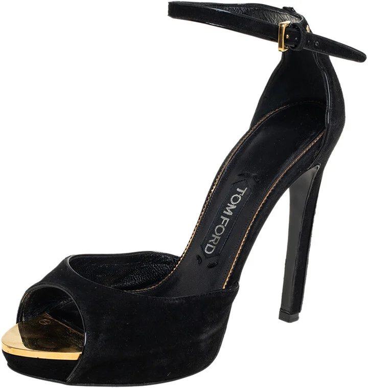 Tom Ford Black Suede Screw Studded Ankle Strap Sandals Size 39
