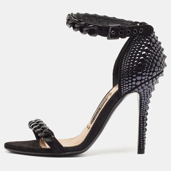 Tom Ford Black Suede Studded Chain Link Ankle Strap Sandals Size 37