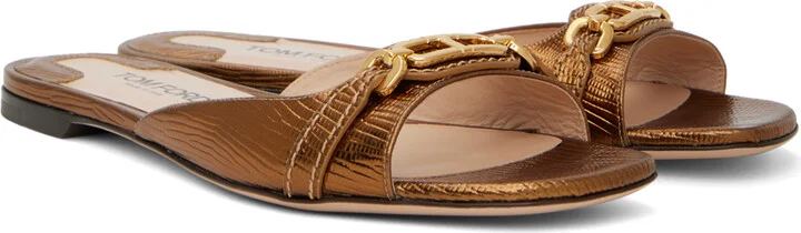 TOM FORD Bronze Stamped Lizard Leather Slides - Image 4