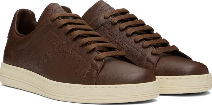 TOM FORD Brown Grained Leather Warwick Sneakers - Image 4