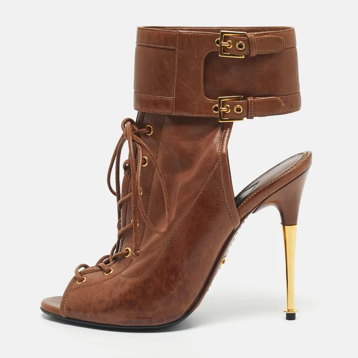 Tom Ford Brown Leather Cutout Ankle Length Boots Size 38