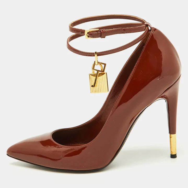 Tom Ford Brown Patent Leather Padlock Ankle Wrap Pumps Size 38