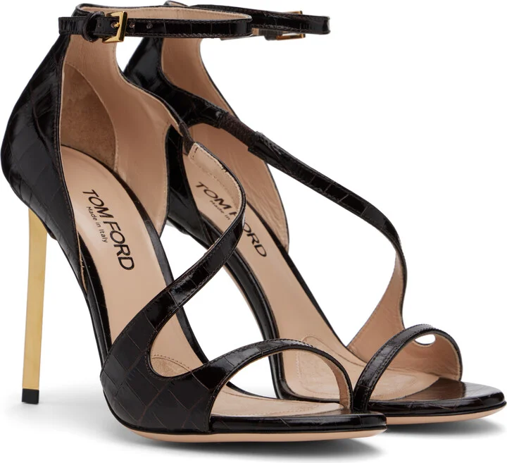 TOM FORD Brown Shiny Stamped Crocodile Heeled Sandals - Image 4