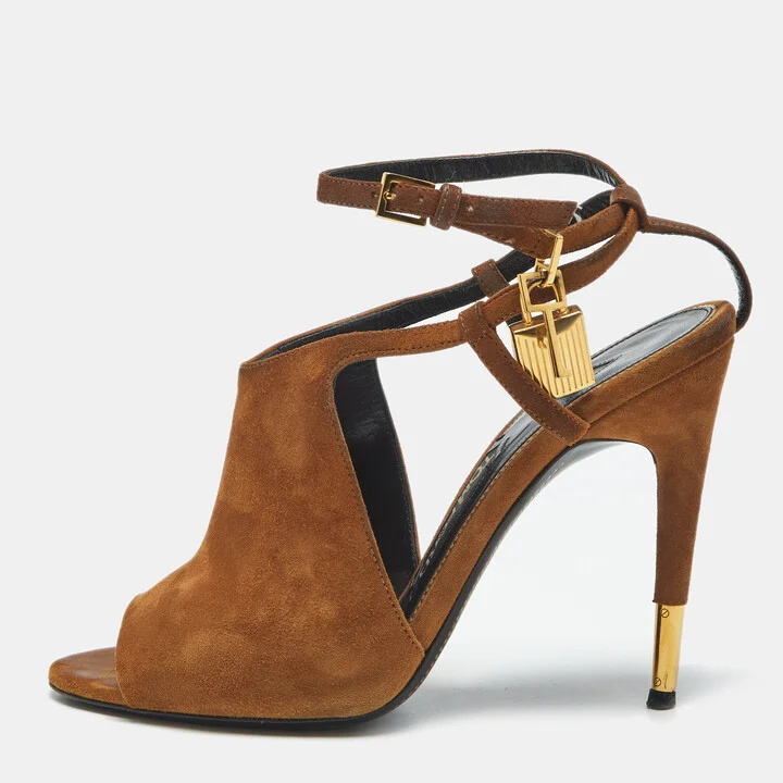 Tom Ford Brown Suede Padlock Ankle Wrap Open Toe Sandals Size 38.5