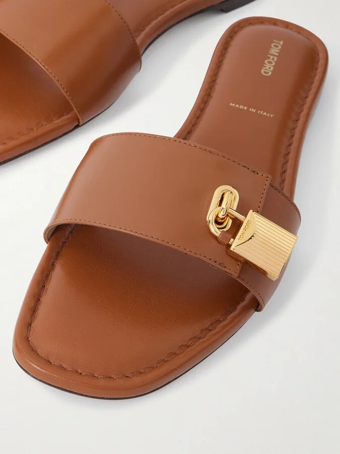 TOM FORD - Embellished Leather Slides - Brown - Image 4
