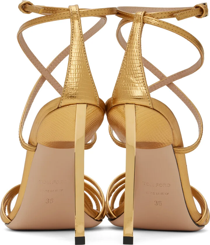 TOM FORD Gold Laminated Printed Lizard Ida Heeled Sandals - Image 2