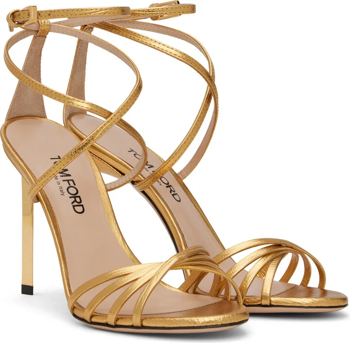 TOM FORD Gold Laminated Printed Lizard Ida Heeled Sandals - Image 4