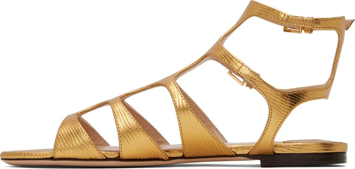 TOM FORD Gold Laminated Printed Lizard Sandals - Image 3