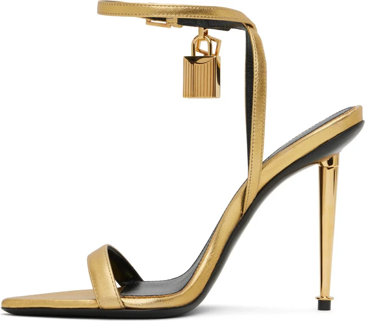 TOM FORD Gold Padlock Pointy Naked Heeled Sandals - Image 3