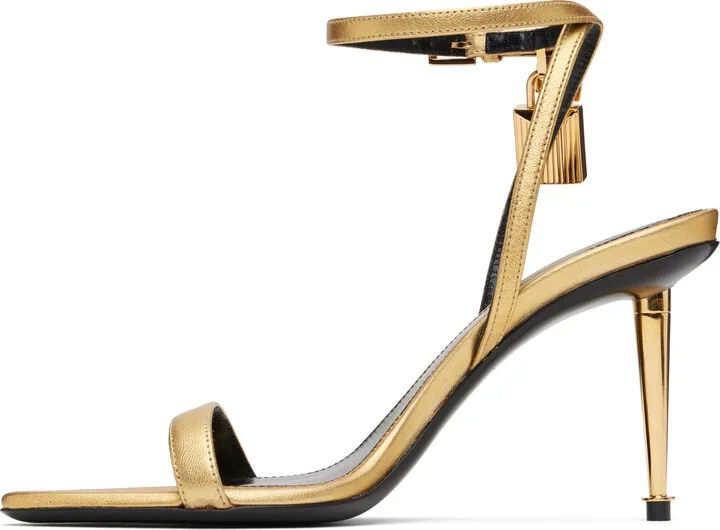 TOM FORD Gold Padlock Pointy Naked Heeled Sandals - Image 3