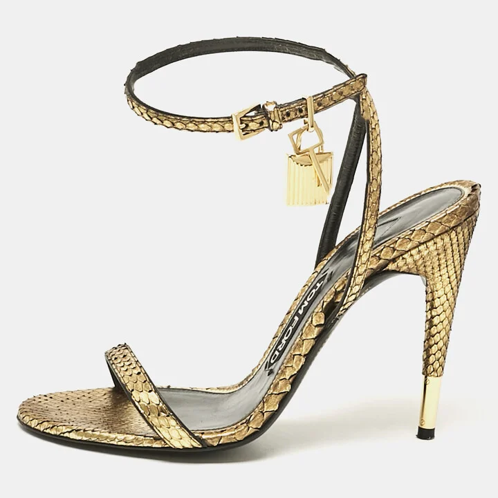 Tom Ford Gold Python Padlock Ankle Wrap Sandals Size 37.5
