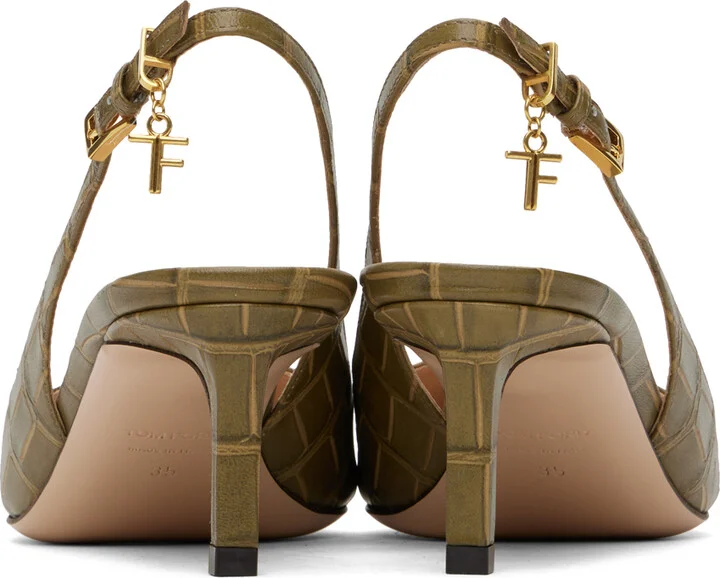 TOM FORD Khaki 55mm Stamped Croc Slingback Heels - Image 2