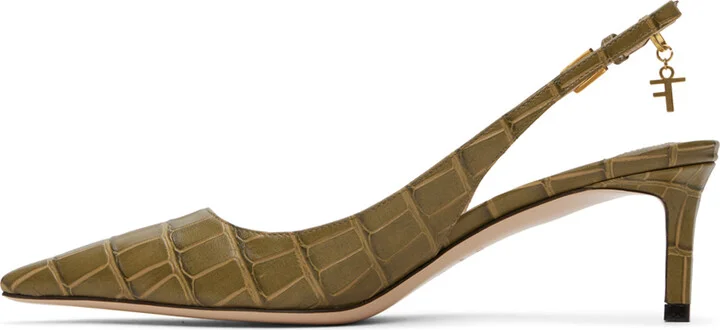 TOM FORD Khaki 55mm Stamped Croc Slingback Heels - Image 3