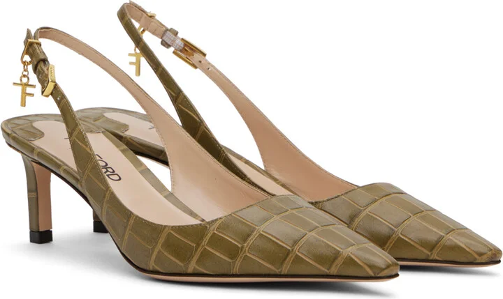 TOM FORD Khaki 55mm Stamped Croc Slingback Heels - Image 4