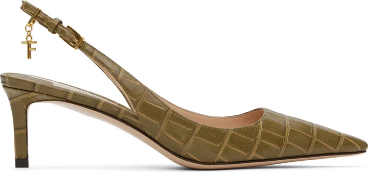 TOM FORD Khaki 55mm Stamped Croc Slingback Heels