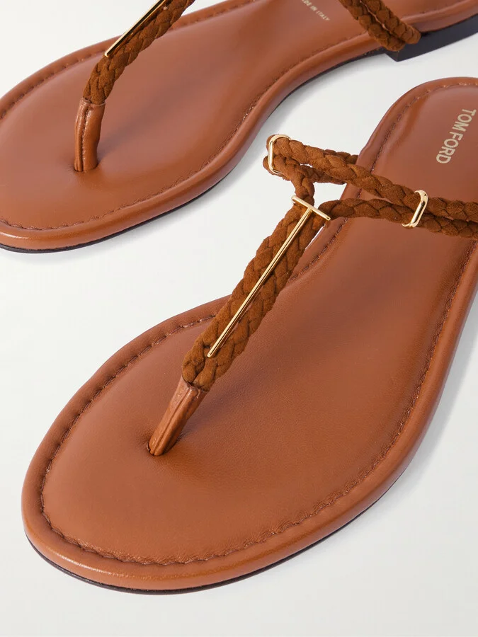 TOM FORD - Lily Leather-trimmed Embellished Braided Suede Sandals - Brown - Image 4