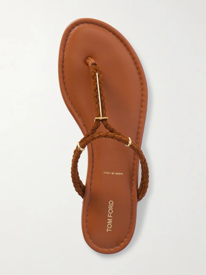 TOM FORD - Lily Leather-trimmed Embellished Braided Suede Sandals - Brown - Image 5