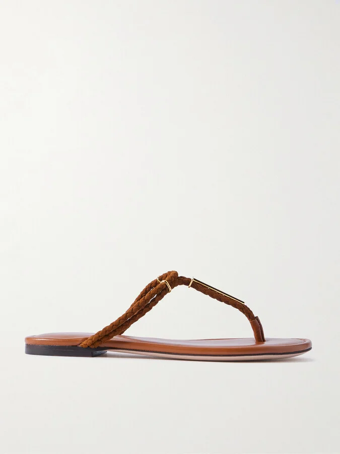 TOM FORD - Lily Leather-trimmed Embellished Braided Suede Sandals - Brown