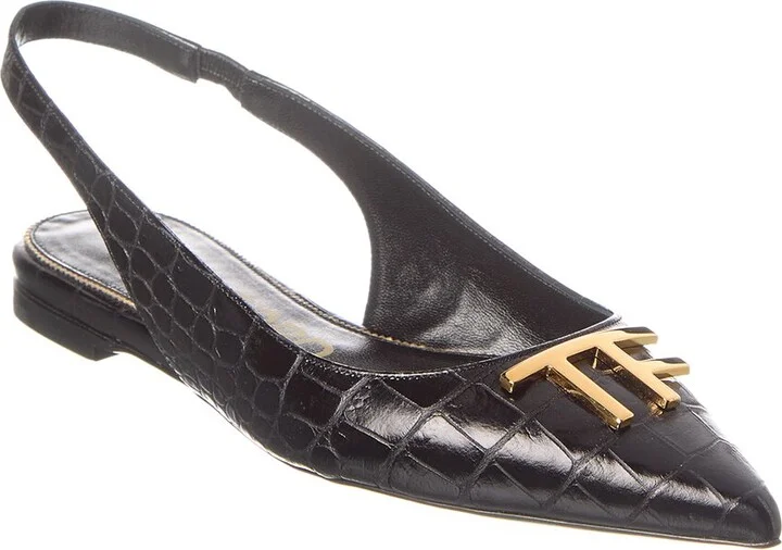 Tom Ford Logo Croc-Embossed Leather Slingback Ballerina Flat