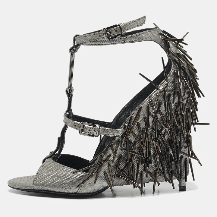 Tom Ford Metallic Grey Leather Embellished Wedge Sandals Size 37
