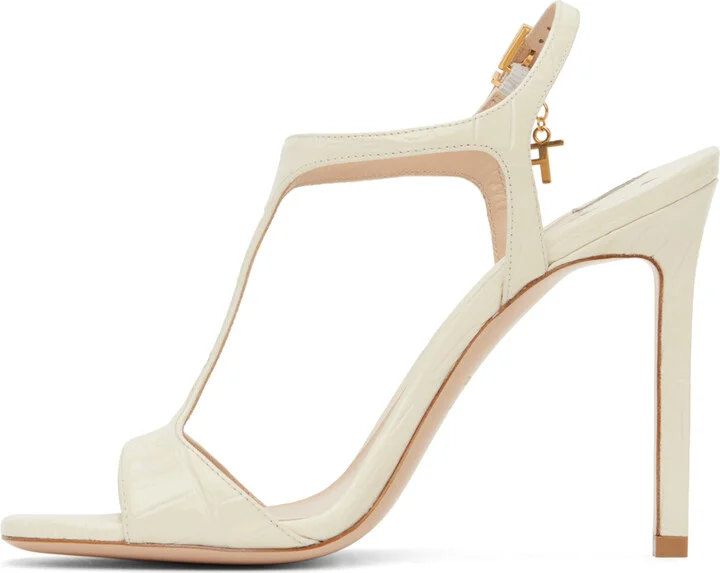TOM FORD Off-White Glossy Stamped Crocodile Leather Angelina Sandals - Image 3