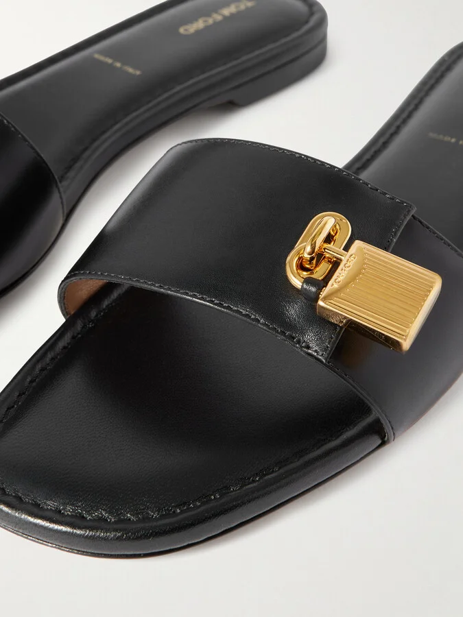 TOM FORD - Padlock Embellished Leather Slides - Black - Image 4