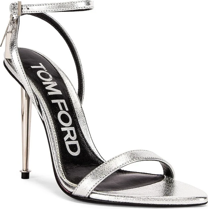 TOM FORD Padlock Pointy Naked Sandal 105 in Metallic Silver - Image 2