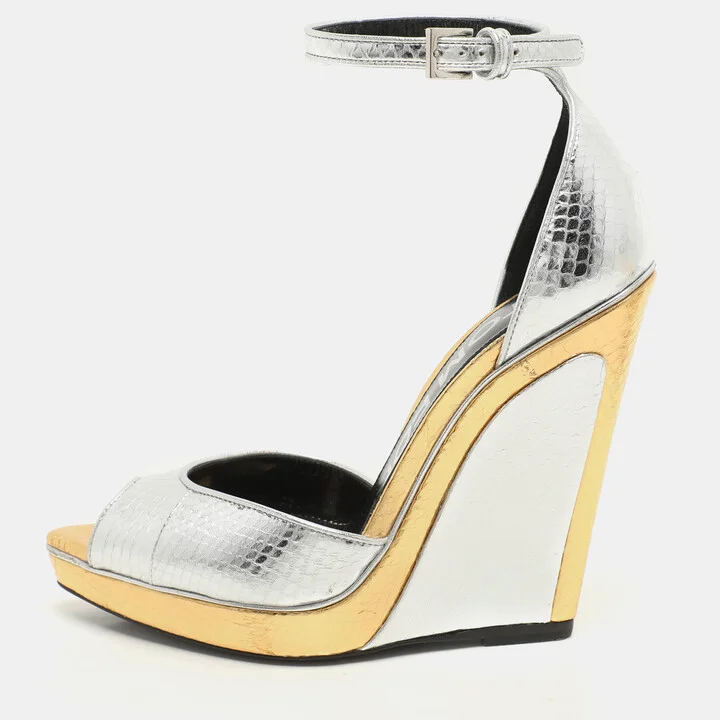 Tom Ford Silver/Gold Python Embossed Leather Trompe L'oeil Wedge Pumps Size 36