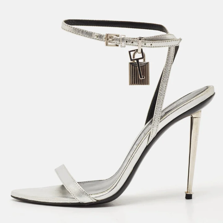 Tom Ford Silver Leather Padlock Ankle Strap Sandals Size 38