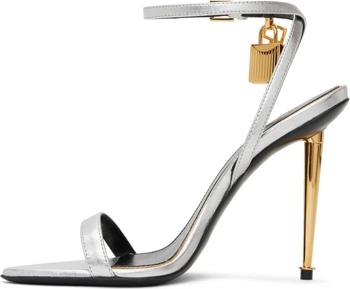 TOM FORD Silver Padlock Pointy Naked Heeled Sandals - Image 3