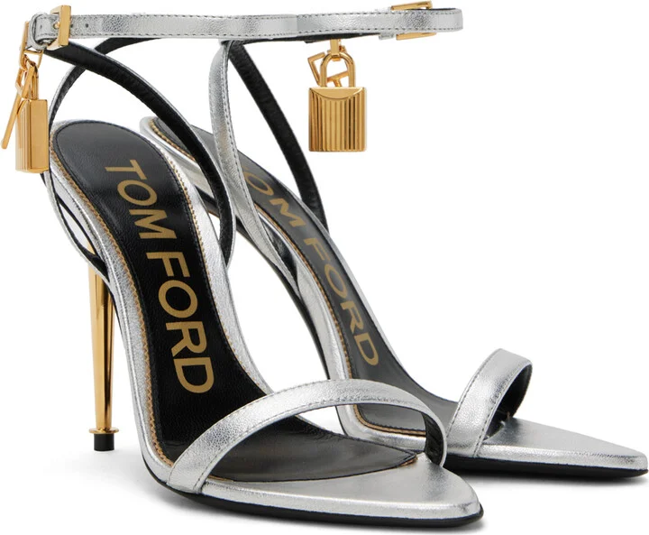 TOM FORD Silver Padlock Pointy Naked Heeled Sandals - Image 4