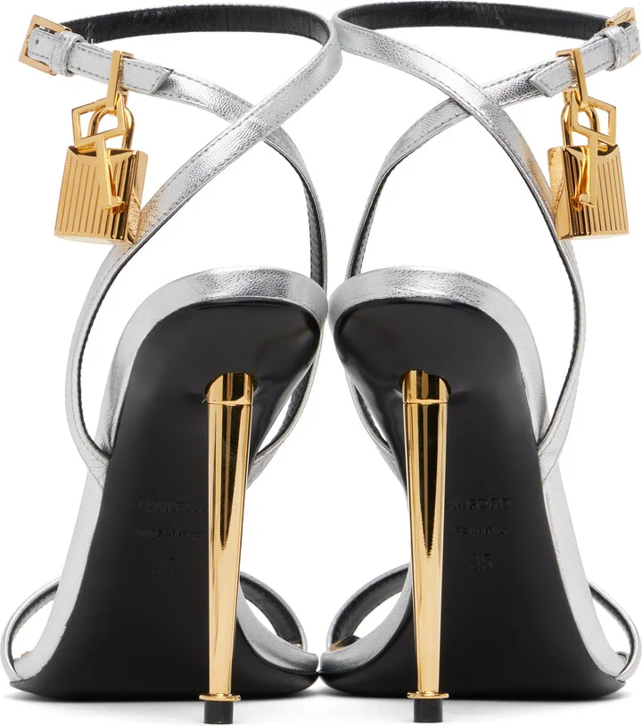 TOM FORD Silver Padlock Pointy Naked Heeled Sandals - Image 2