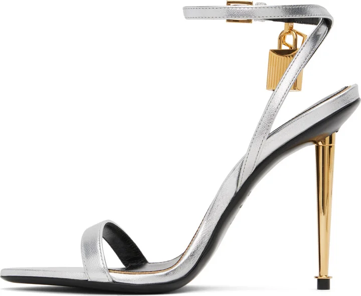 TOM FORD Silver Padlock Pointy Naked Heeled Sandals - Image 3