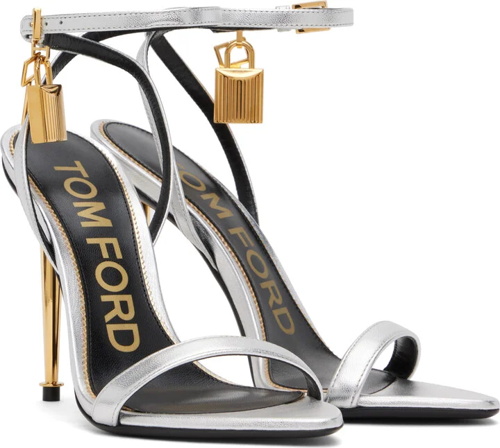 TOM FORD Silver Padlock Pointy Naked Heeled Sandals - Image 4